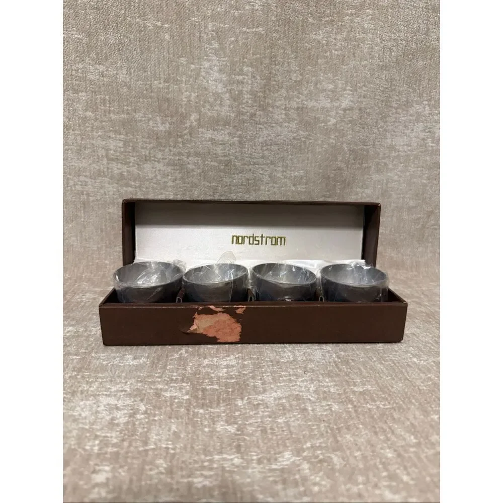 Vintage 80's Nordstrom Set Of 4 Pewter Shot Glasses in Brown Gift Box Silver